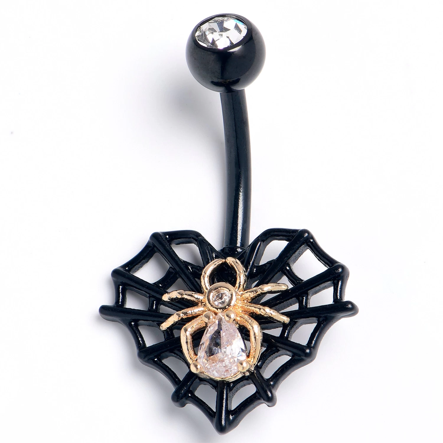 Clear Gem Black Golden Spider Web Heart Belly Ring 1 Clear Gem Black Golden Spider Web Heart Belly Ring