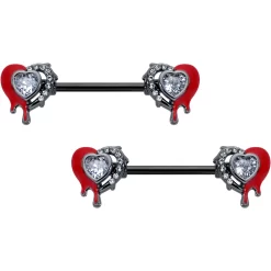 14 Gauge 9/16 Clear Gem Black Bleeding Heart Barbell Nipple Ring Set