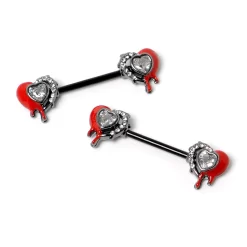 14 Gauge 9/16 Clear Gem Black Bleeding Heart Barbell Nipple Ring Set -Body Jewelry Store 76470.otherimage3