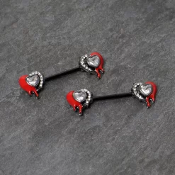 14 Gauge 9/16 Clear Gem Black Bleeding Heart Barbell Nipple Ring Set -Body Jewelry Store 76470.otherimage5