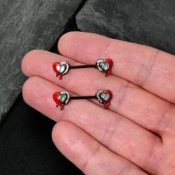 14 Gauge 9/16 Clear Gem Black Bleeding Heart Barbell Nipple Ring Set -Body Jewelry Store 76470.otherimage6