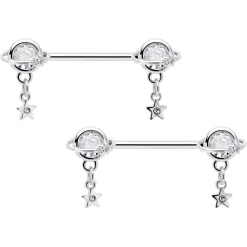 Gaby 14 Gauge 9/16 Clear CZ Gem Starry Saturn Dangle Nipple Ring Set