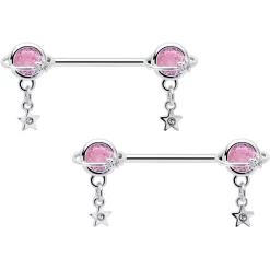 Gaby 14 Gauge 9/16 Pink CZ Gem Starry Saturn Dangle Nipple Ring Set