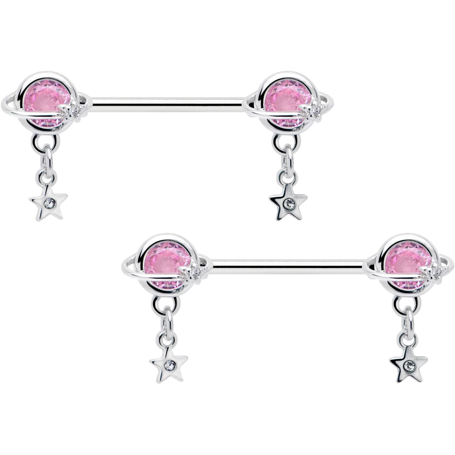 Gaby 14 Gauge 9/16 Pink CZ Gem Starry Saturn Dangle Nipple Ring Set 1 Gaby 14 Gauge 9/16 Pink CZ Gem Starry Saturn Dangle Nipple Ring Set