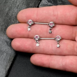Gaby 14 Gauge 9/16 Pink CZ Gem Starry Saturn Dangle Nipple Ring Set 10 Gaby 14 Gauge 9/16 Pink CZ Gem Starry Saturn Dangle Nipple Ring Set -Body Jewelry Store 76561 PK.otherimage2