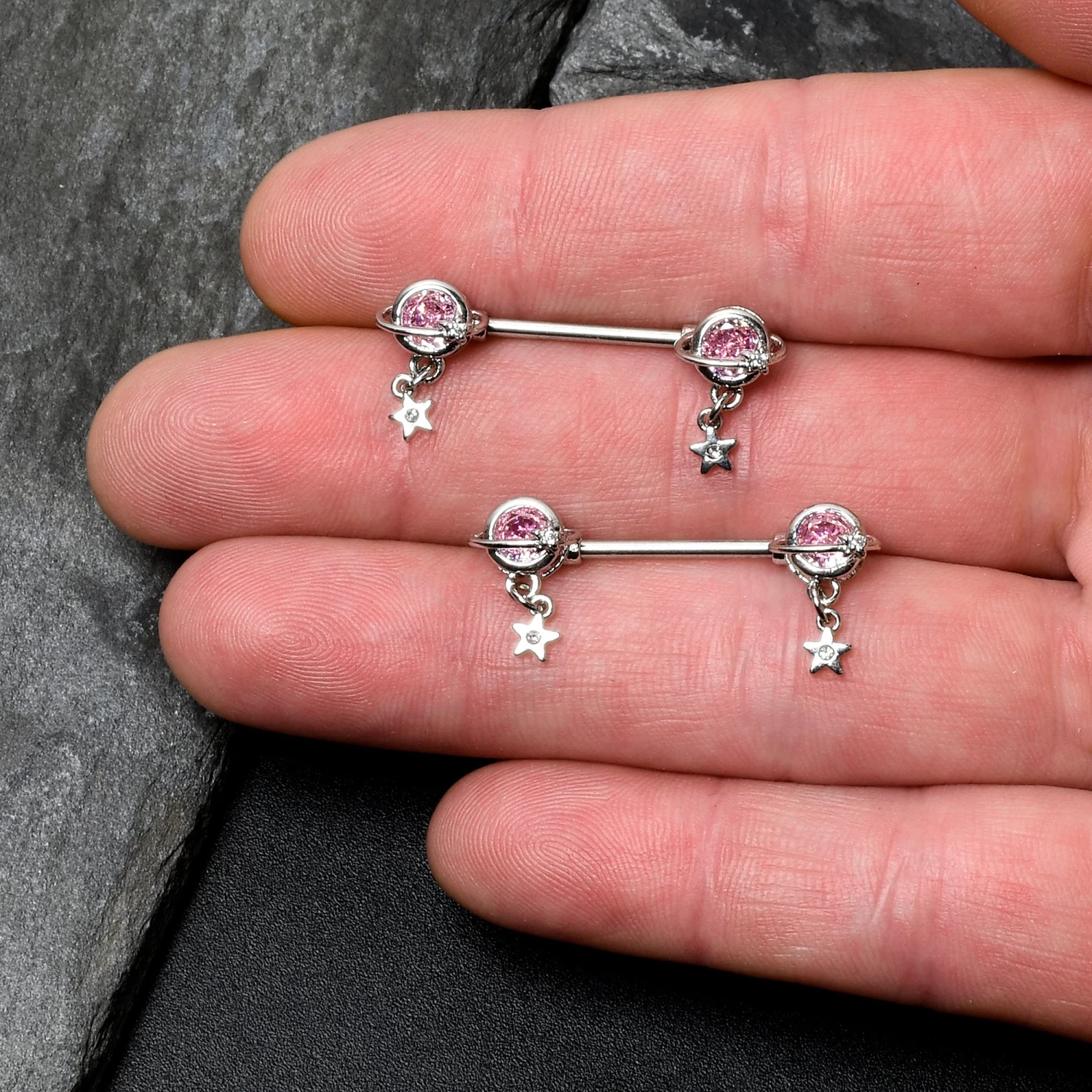 Gaby 14 Gauge 9/16 Pink CZ Gem Starry Saturn Dangle Nipple Ring Set 3 Gaby 14 Gauge 9/16 Pink CZ Gem Starry Saturn Dangle Nipple Ring Set - Image 3