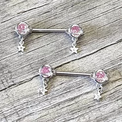Gaby 14 Gauge 9/16 Pink CZ Gem Starry Saturn Dangle Nipple Ring Set 11 Gaby 14 Gauge 9/16 Pink CZ Gem Starry Saturn Dangle Nipple Ring Set -Body Jewelry Store 76561 PK.otherimage3