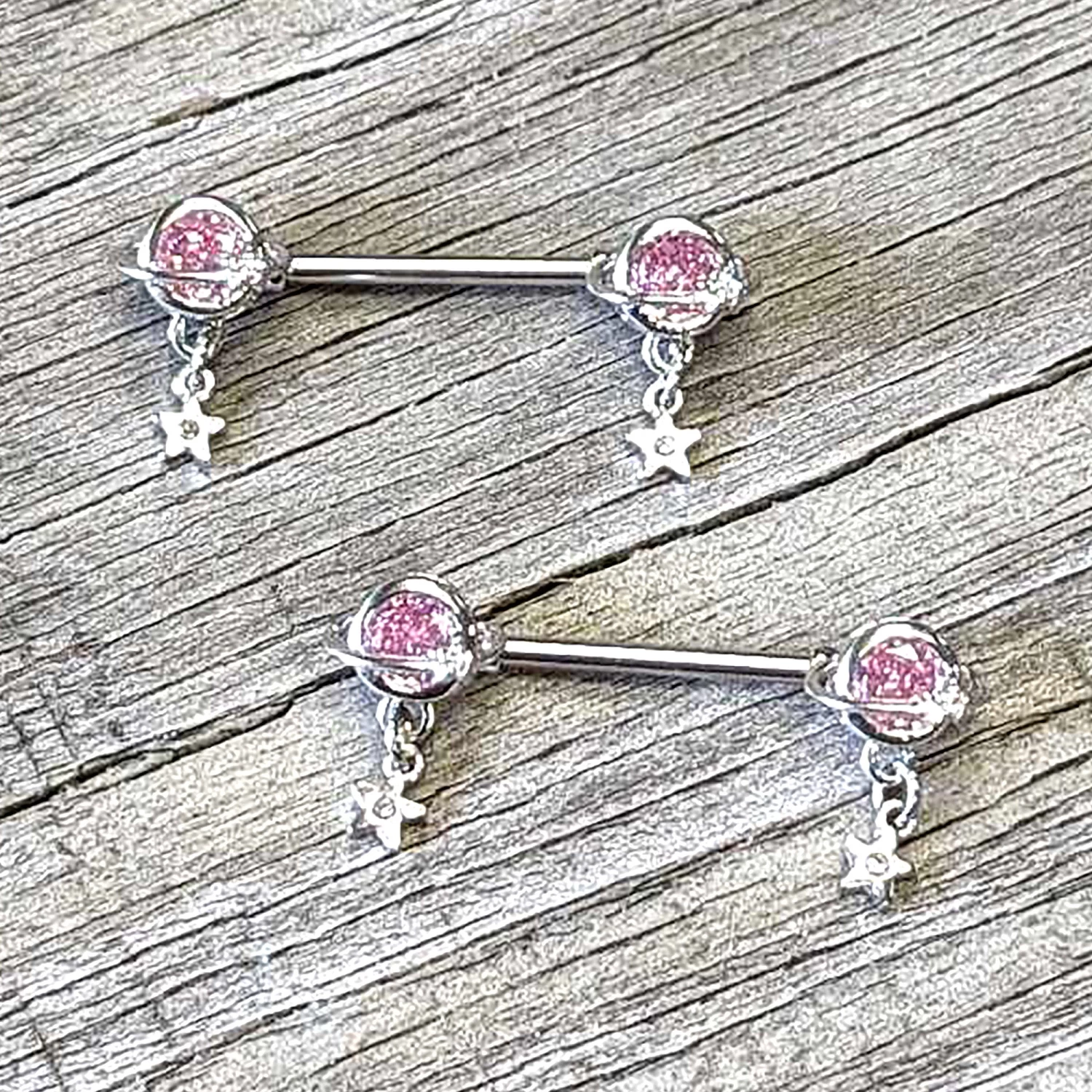 Gaby 14 Gauge 9/16 Pink CZ Gem Starry Saturn Dangle Nipple Ring Set 4 Gaby 14 Gauge 9/16 Pink CZ Gem Starry Saturn Dangle Nipple Ring Set - Image 4