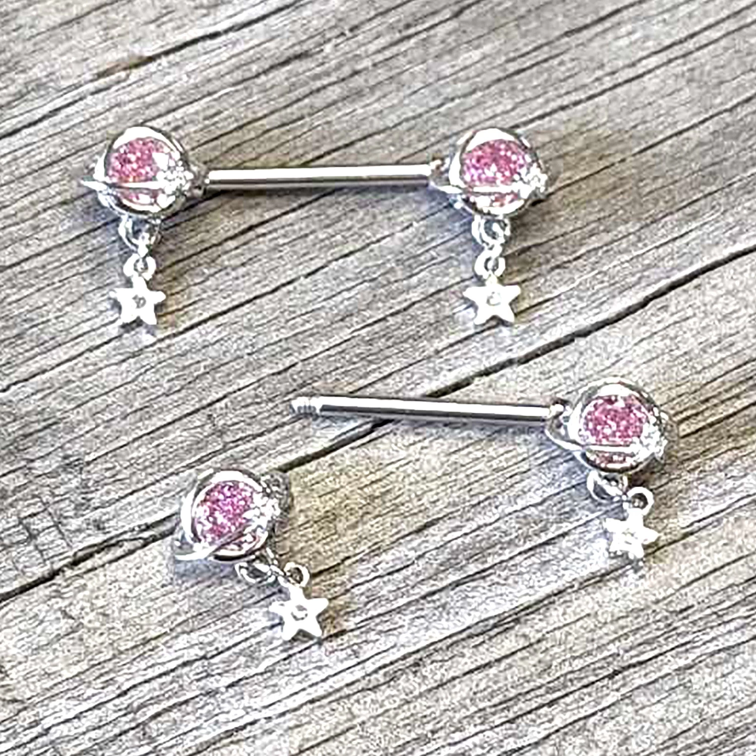 Gaby 14 Gauge 9/16 Pink CZ Gem Starry Saturn Dangle Nipple Ring Set 5 Gaby 14 Gauge 9/16 Pink CZ Gem Starry Saturn Dangle Nipple Ring Set - Image 5
