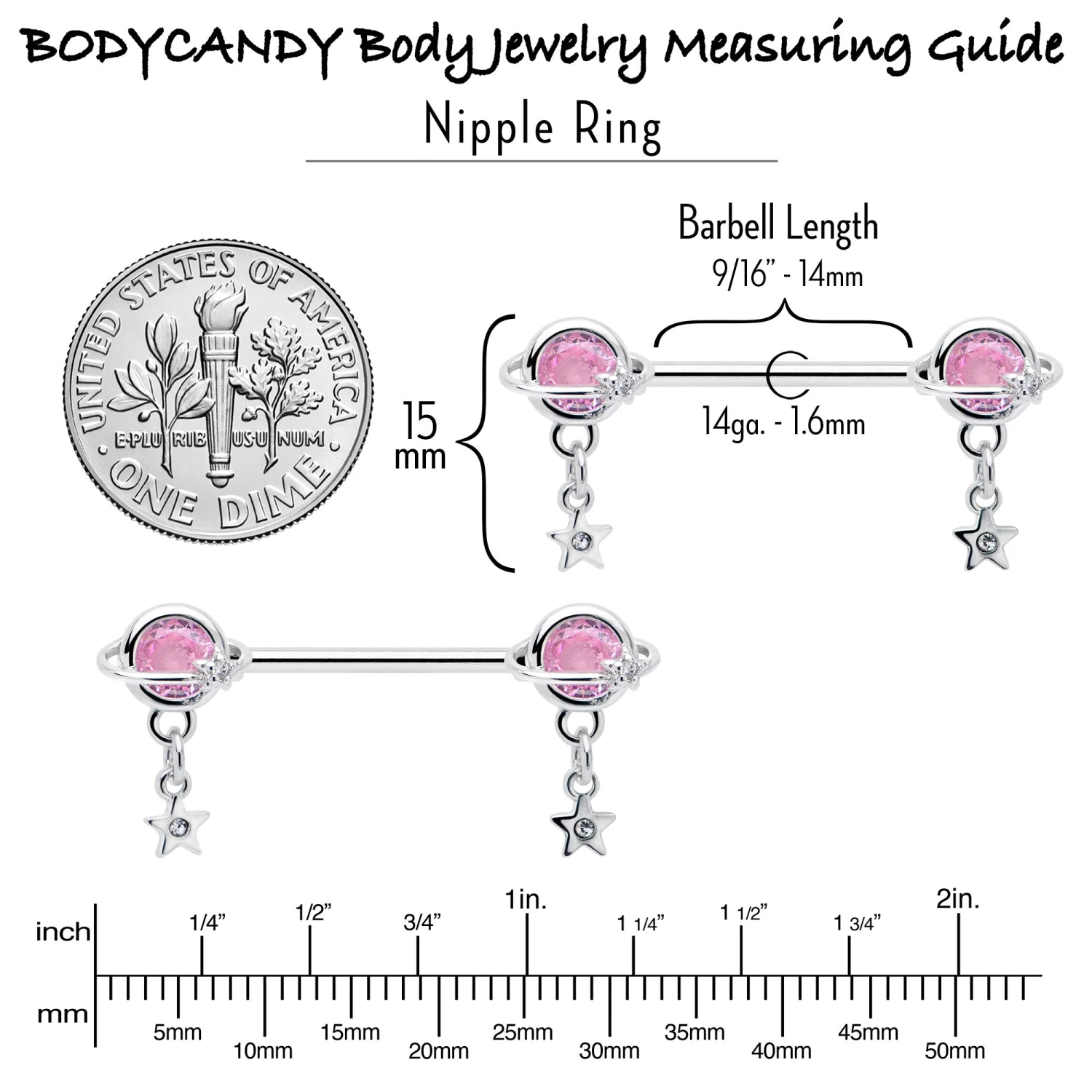 Gaby 14 Gauge 9/16 Pink CZ Gem Starry Saturn Dangle Nipple Ring Set 6 Gaby 14 Gauge 9/16 Pink CZ Gem Starry Saturn Dangle Nipple Ring Set - Image 6