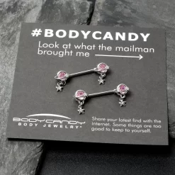 Gaby 14 Gauge 9/16 Pink CZ Gem Starry Saturn Dangle Nipple Ring Set 14 Gaby 14 Gauge 9/16 Pink CZ Gem Starry Saturn Dangle Nipple Ring Set -Body Jewelry Store 76561 PK.otherimage6