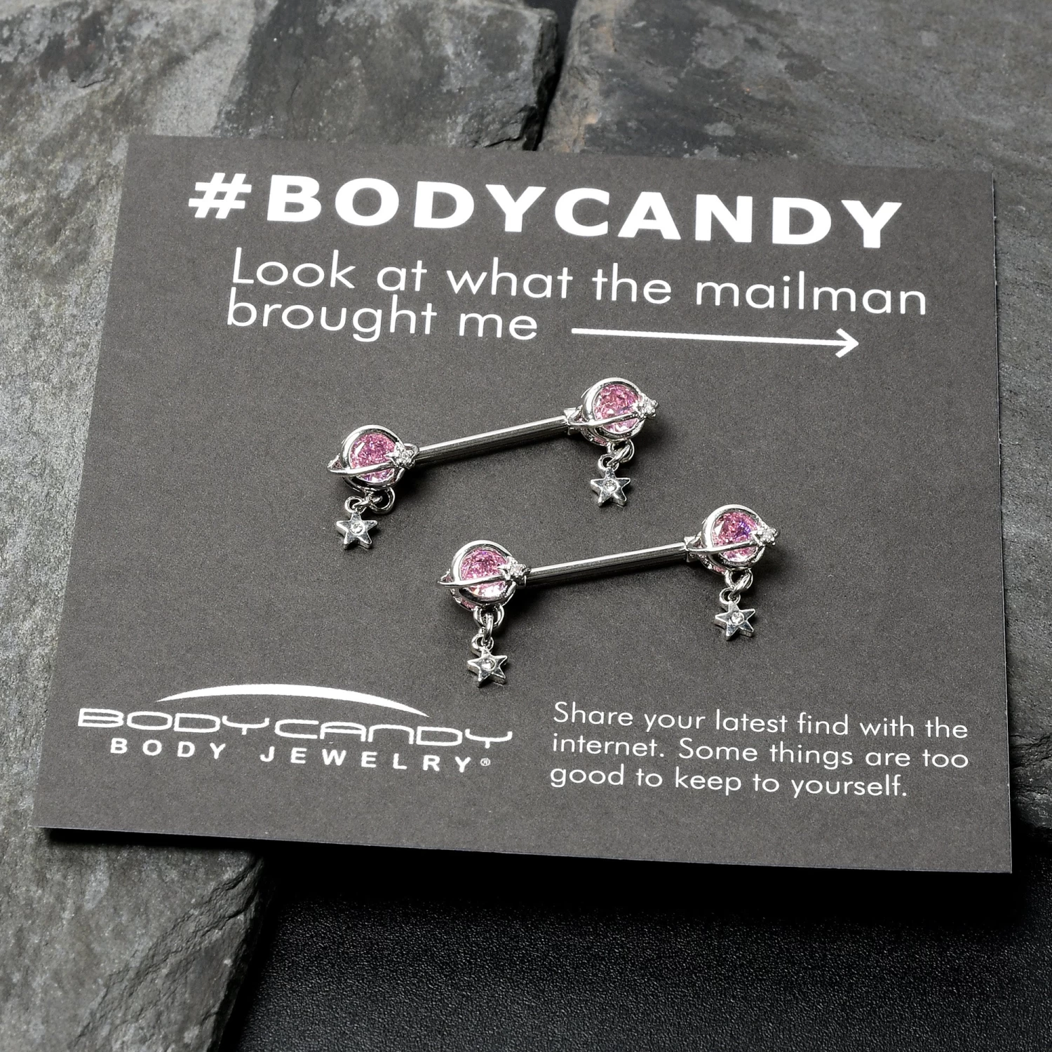 Gaby 14 Gauge 9/16 Pink CZ Gem Starry Saturn Dangle Nipple Ring Set 7 Gaby 14 Gauge 9/16 Pink CZ Gem Starry Saturn Dangle Nipple Ring Set - Image 7