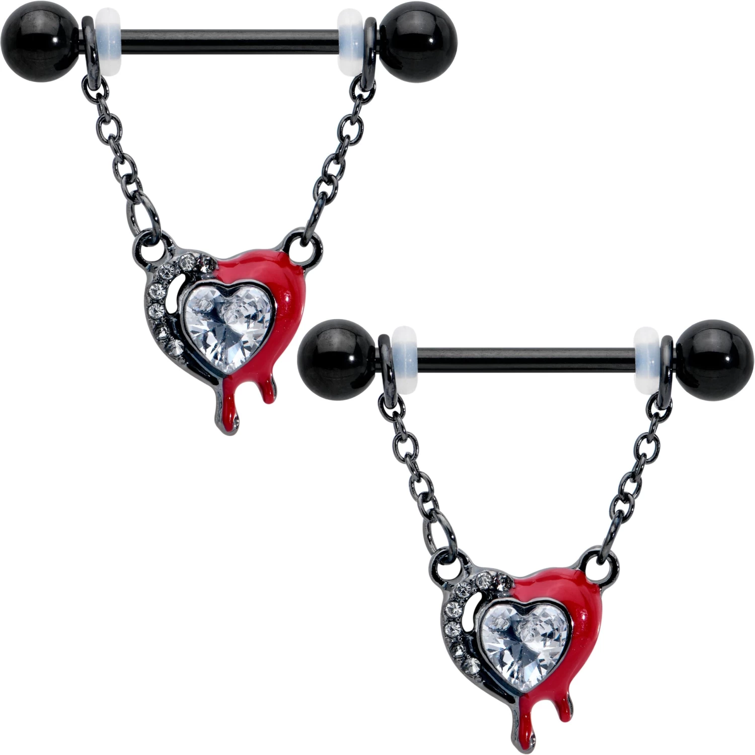 14 Gauge 9/16 Clear Gem Black Bleeding Heart Chain Dangle Nipple Ring Set 1 14 Gauge 9/16 Clear Gem Black Bleeding Heart Chain Dangle Nipple Ring Set