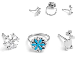 20 Gauge 1/4 Clear Gem Holiday Snowflakes Blue Nose Bone Hoop Set Of 3