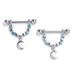Gaby 14 Gauge 9/16 Blue Clear Gem Crescent Moon Stars Dangle Nipple Ring Set