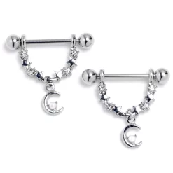Gaby 14 Gauge 9/16 Clear Gem Crescent Moon Stars Dangle Nipple Ring Set