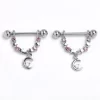 Gaby 14 Gauge 9/16 Pink Clear Gem Crescent Moon Stars Dangle Nipple Ring Set