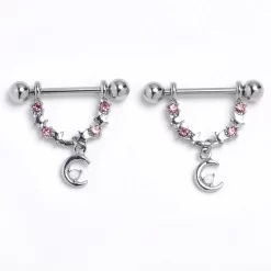 Gaby 14 Gauge 9/16 Pink Clear Gem Crescent Moon Stars Dangle Nipple Ring Set