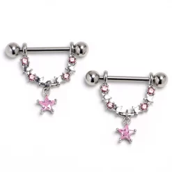 Gaby 14 Gauge 9/16 Pink Gem Lush Stars Dangle Nipple Ring Set