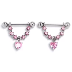 Gaby 14 Gauge 9/16 Pink Gem Stars And Hearts Dangle Nipple Ring Set