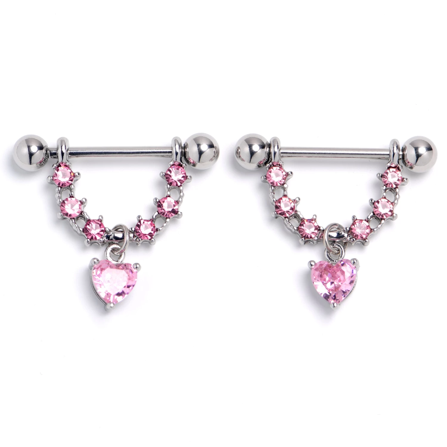 Gaby 14 Gauge 9/16 Pink Gem Stars And Hearts Dangle Nipple Ring Set 1 Gaby 14 Gauge 9/16 Pink Gem Stars And Hearts Dangle Nipple Ring Set