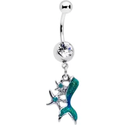 Gaby Blue Clear Gem Green Mermaid Tail Stars Dangle Belly Ring
