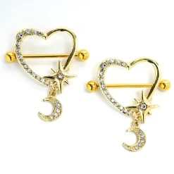 Gaby 14 Gauge 9/16 Clear Gem Gold Tone Heart Moon Dangle Nipple Shield Set