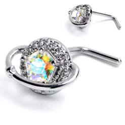 Gaby 20 Gauge 1/4 Aurora CZ Gem Textured Saturn L Shape Nose Ring