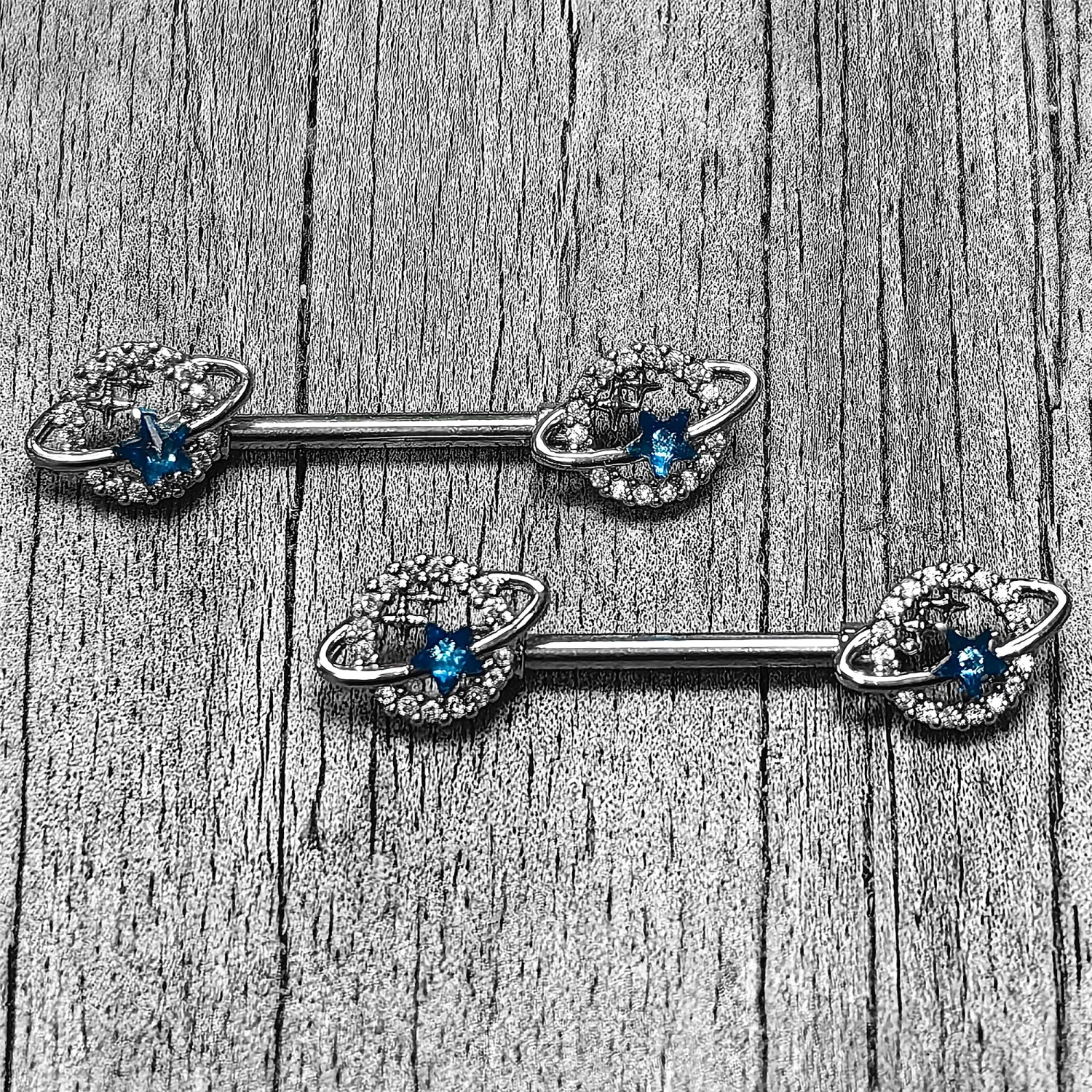 Gaby 14 Gauge 9/16 Clear Blue Gem Starry Skies Barbell Nipple Ring Set 1 Gaby 14 Gauge 9/16 Clear Blue Gem Starry Skies Barbell Nipple Ring Set