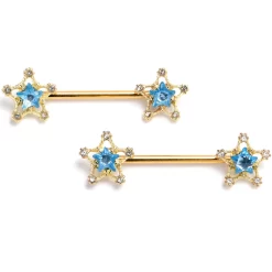 Gaby 14 Gauge Blue Gem Gold Tone Starry Glam Barbell Nipple Ring Set