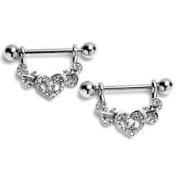 Gaby 14 Gauge 9/16 Clear Gem Ornate Hearts Dangle Nipple Ring Set
