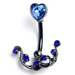 Gaby Blue Gem Black Heart Scrolling Elegance Double Mount Belly Ring