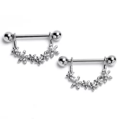 Gaby 14 Gauge 9/16 Clear Gem Flower Chain Dangle Nipple Ring Set