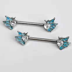 Gaby 14 Gauge 9/16 Clear Gem Heart Butterfly Blue Barbell Nipple Ring Set