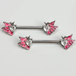 Gaby 14 Gauge 9/16 Clear Gem Heart Butterfly Pink Barbell Nipple Ring Set