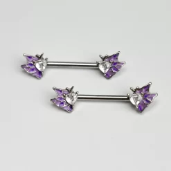 Gaby 14 Gauge 9/16 Clear Gem Heart Butterfly Purple Barbell Nipple Ring Set