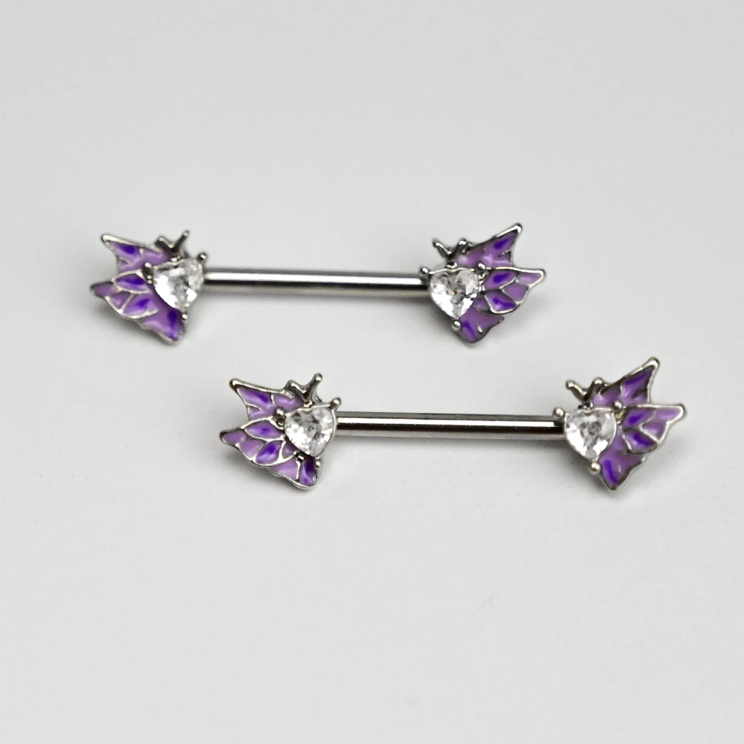Gaby 14 Gauge 9/16 Clear Gem Heart Butterfly Purple Barbell Nipple Ring Set 1 Gaby 14 Gauge 9/16 Clear Gem Heart Butterfly Purple Barbell Nipple Ring Set