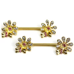 Gaby 14 Gauge 9/16 Clear Gem Gold Hue Classic Bee Flower Dangle Nipple Ring Set