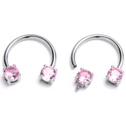 Gaby 14 Gauge 9/16 Pink CZ Gem Internally Threaded Horseshoe Nipple Ring Set
