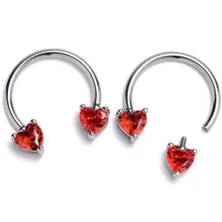Gaby 14 Gauge 9/16 Red CZ Gem Heart Internally Threaded Horseshoe Set