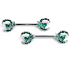 Gaby 14 Gauge 9/16 Green Gem Butterfly Heart Moon Barbell Nipple Ring Set