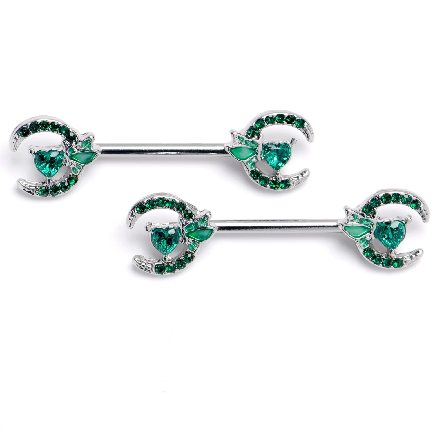Gaby 14 Gauge 9/16 Green Gem Butterfly Heart Moon Barbell Nipple Ring Set 1 Gaby 14 Gauge 9/16 Green Gem Butterfly Heart Moon Barbell Nipple Ring Set