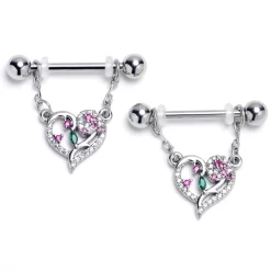 Gaby 14 Gauge 9/16 Emerald Passion CZ Gem Heart Dangle Nipple Ring Set