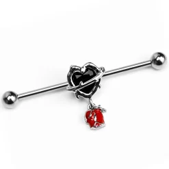 Gaby 14 Gauge Barbed Heart Internally Threaded Dangle Industrial Barbell 38mm
