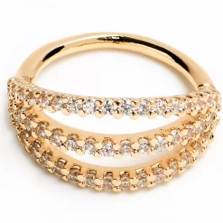 18 Gauge 3/8 Clear CZ Gem Gold Tone Faux Triple Hoop Closure Ring