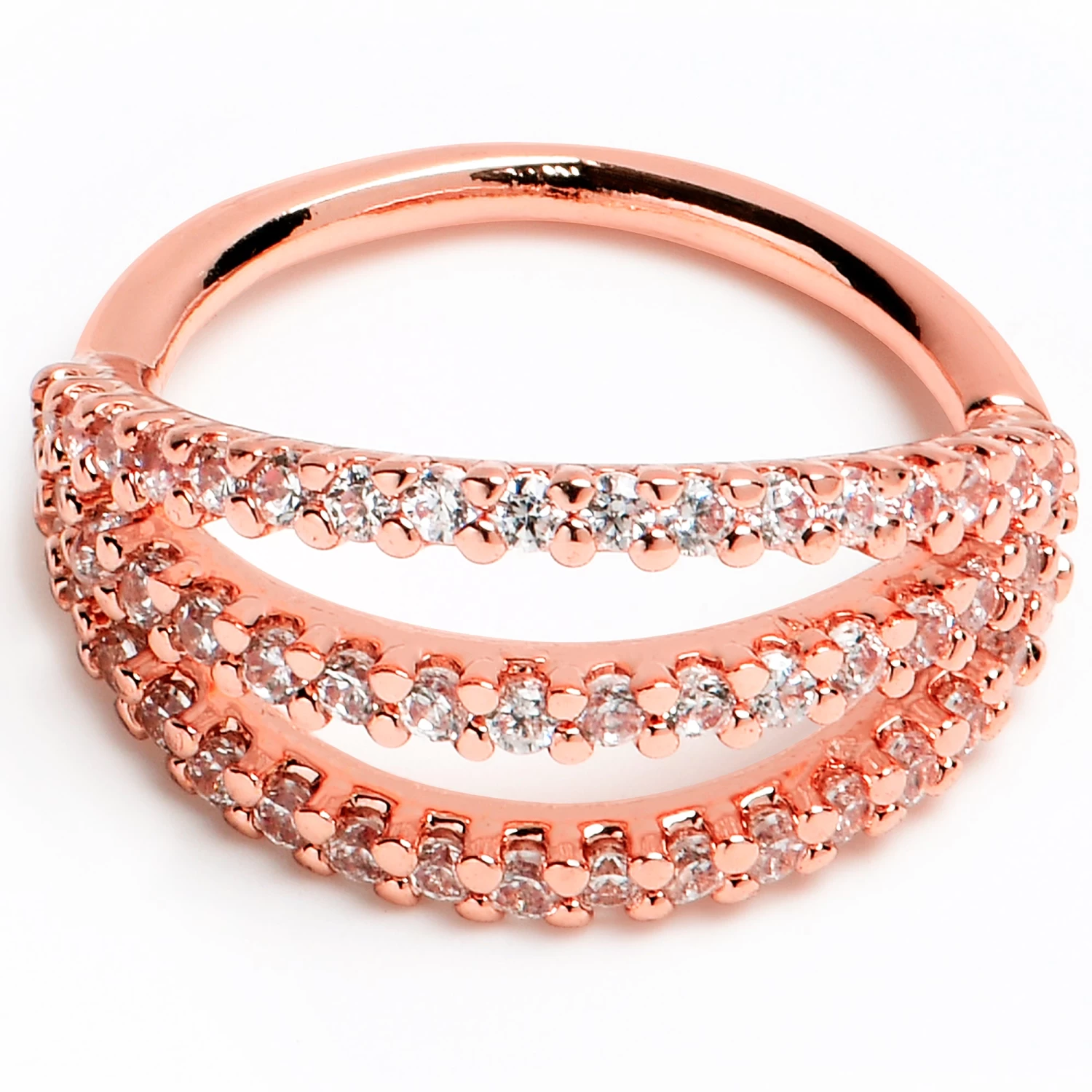 18 Gauge 3/8 Clear CZ Gem Rose Gold Tone Faux Triple Hoop Closure Ring 1 18 Gauge 3/8 Clear CZ Gem Rose Gold Tone Faux Triple Hoop Closure Ring