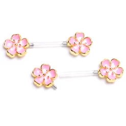14 Gauge 9/16 Flower Pink Blossom PTFE Bioplast Barbell Nipple Ring Set