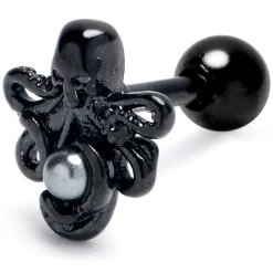 16 Gauge 1/4 Black Faux Pearl Treasure Octopus Cartilage Tragus Earring