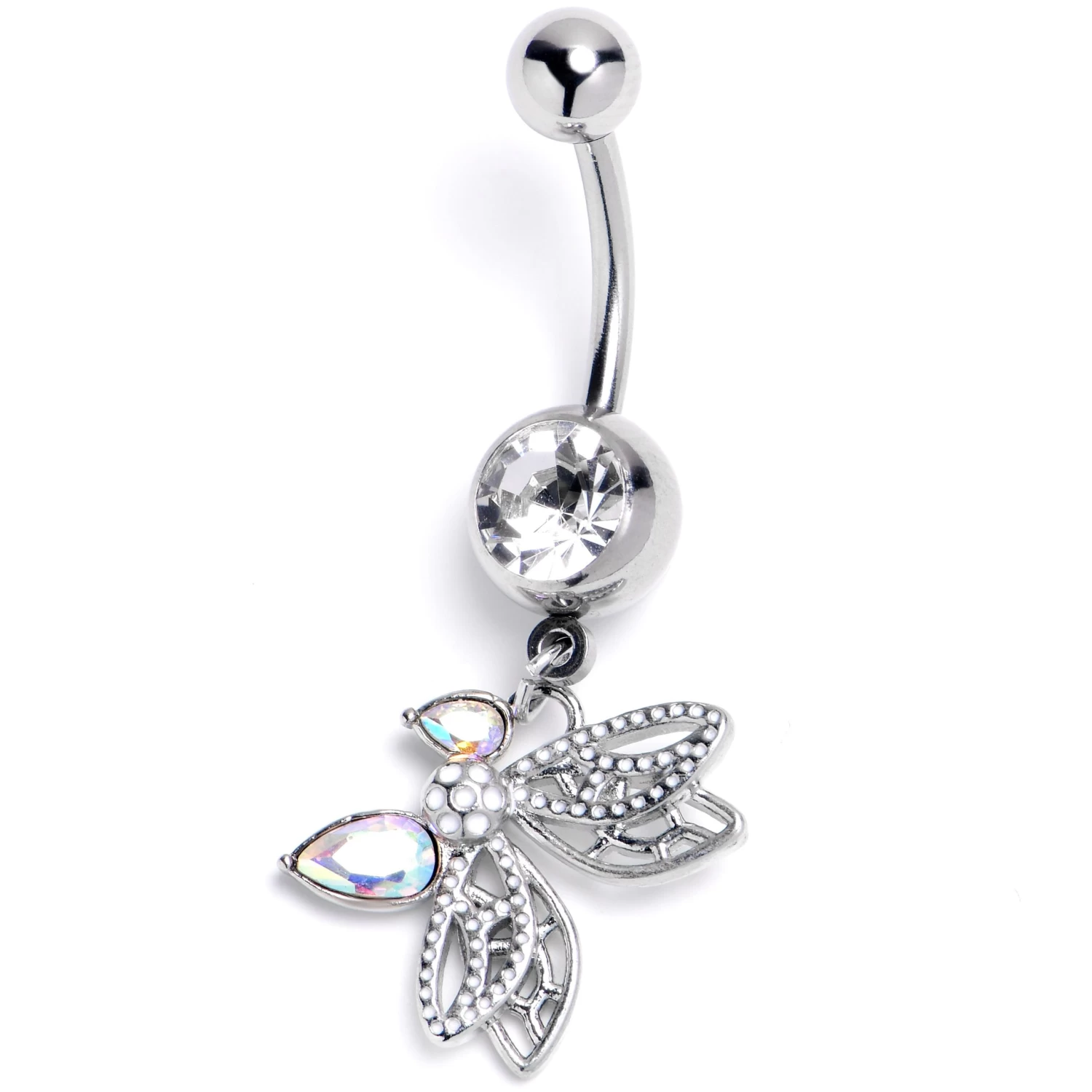 Clear Aurora Gem Ultra Drama Butterfly Dangle Belly Ring 1 Clear Aurora Gem Ultra Drama Butterfly Dangle Belly Ring