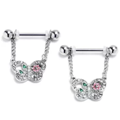 Gaby 14 Gauge 9/16 Clear Gem Floral Butterfly Style Dangle Nipple Ring Set